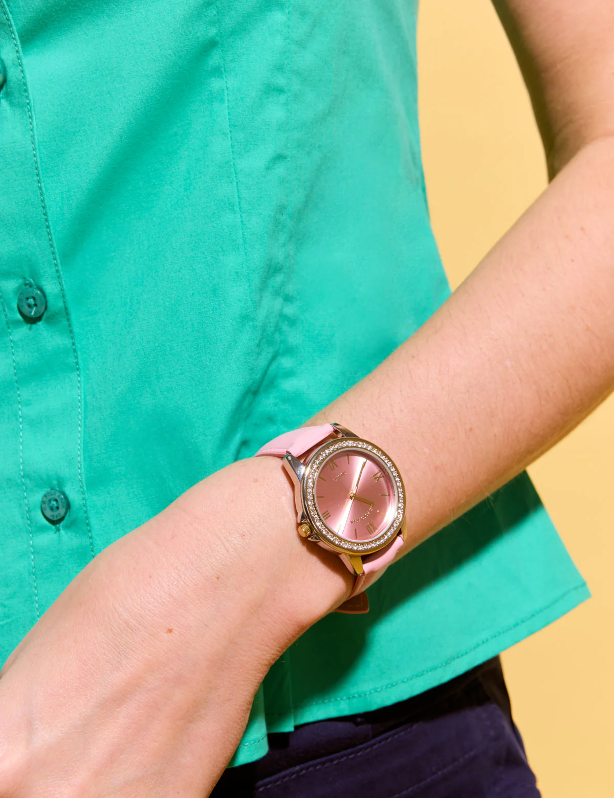LADIES PINK STRAP WATCH WITH GOLD ACCENT