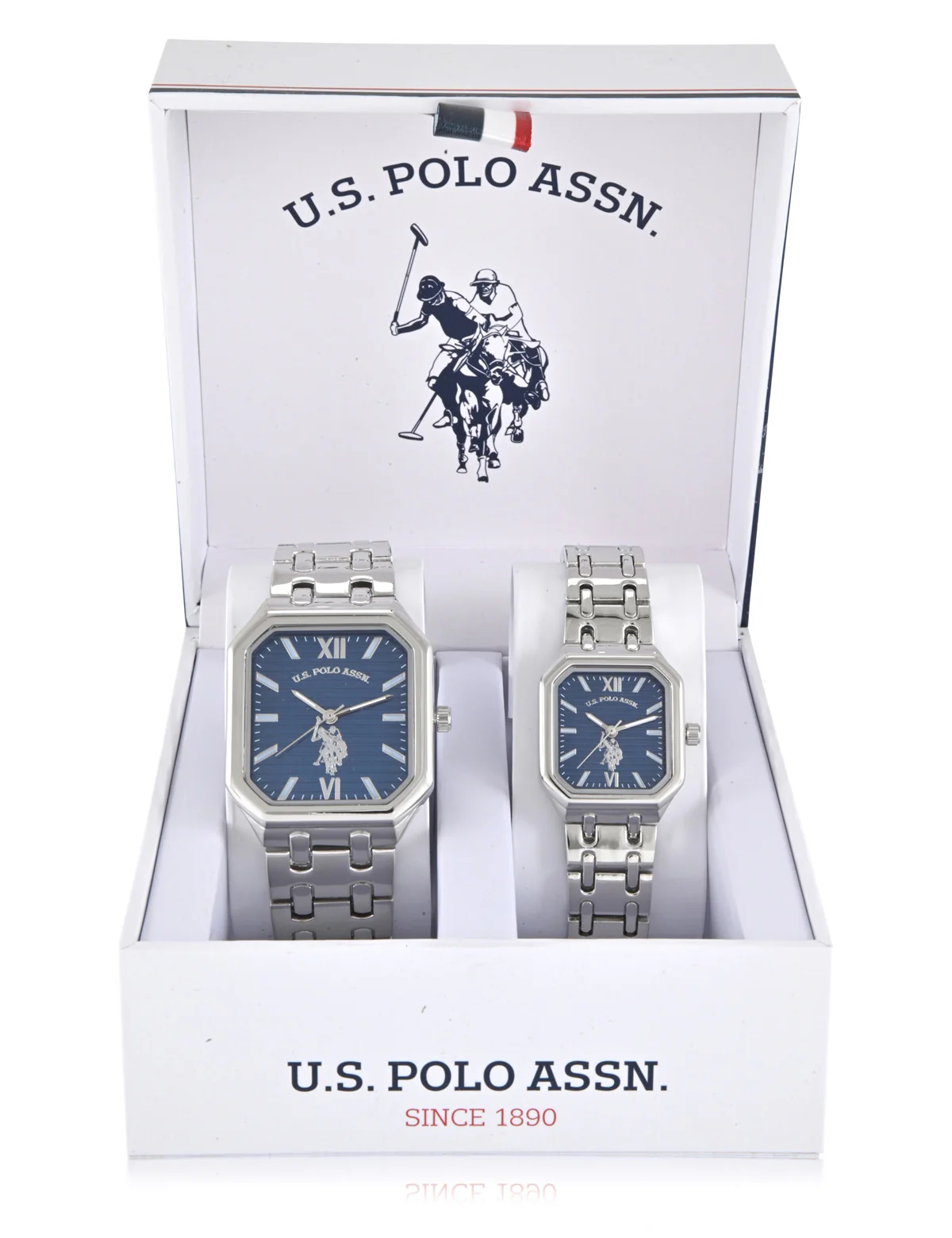 HIS AND HERS SILVER SQUARE FACE LINK WATCH SET