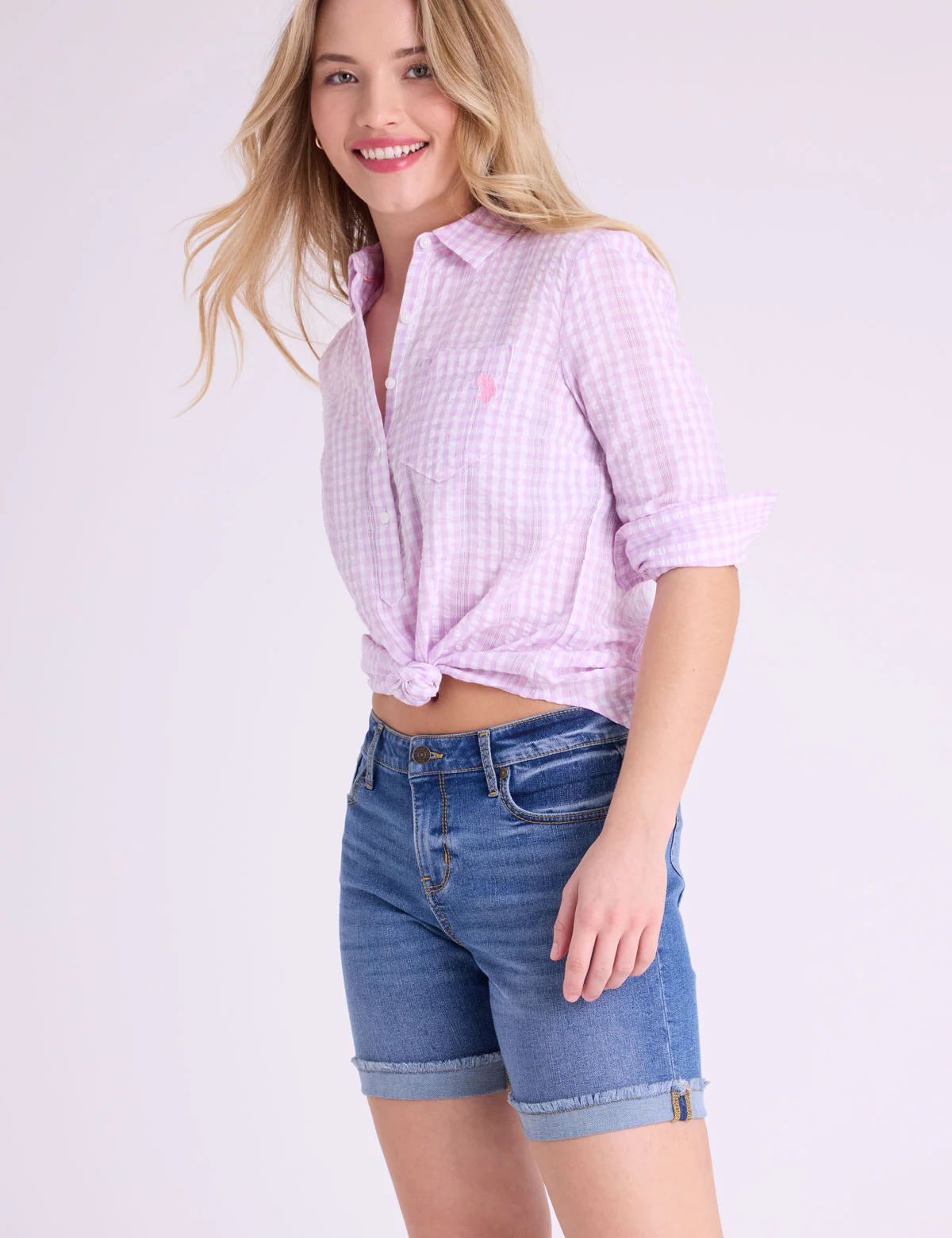 LONG SLEEVE HALF PLACKET GINGHAM SHIRT