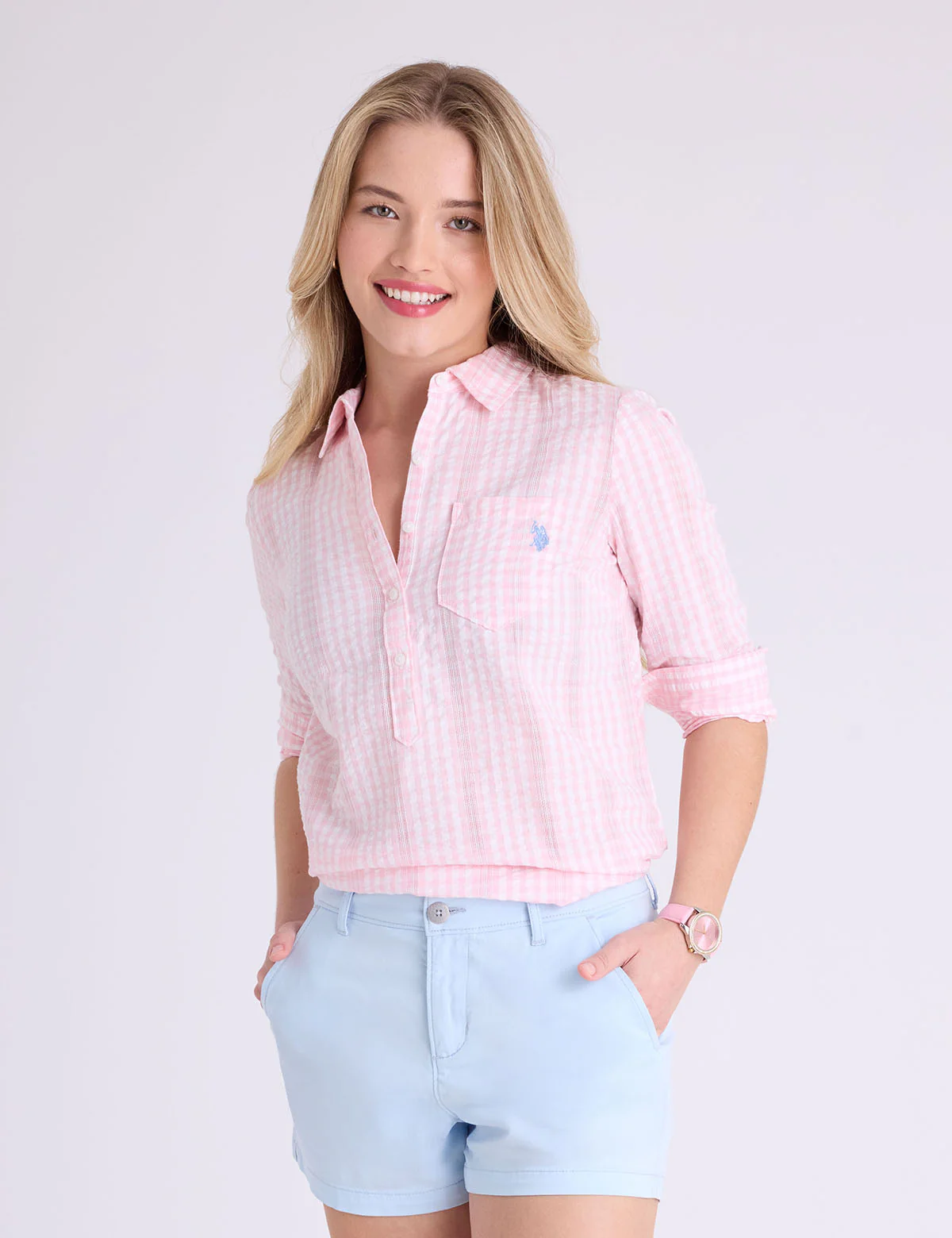 LONG SLEEVE HALF PLACKET GINGHAM SHIRT