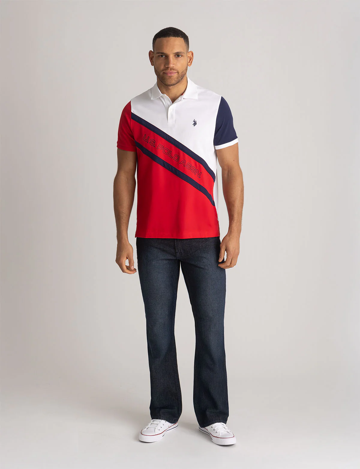 COLOR BLOCK DOUBLE DIAGONAL SASH POLO SHIRT