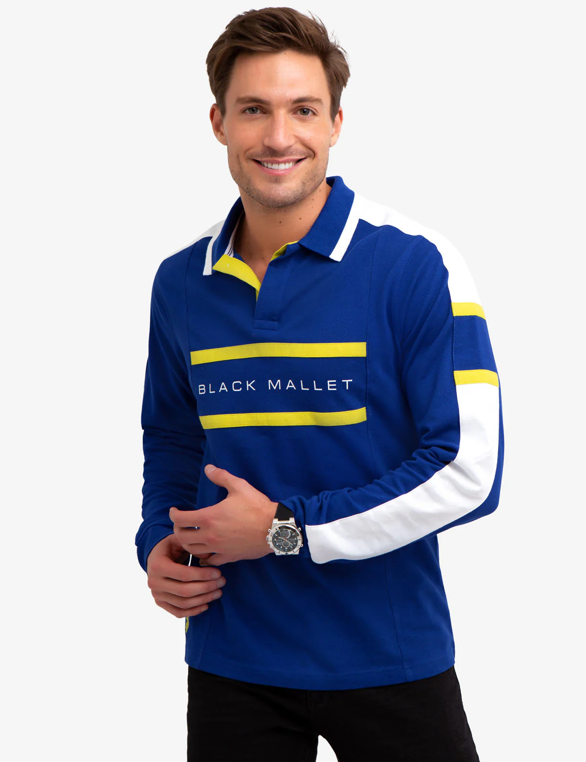 BLACK MALLET CHEST STRIPE LONG SLEEVE POLO SHIRT