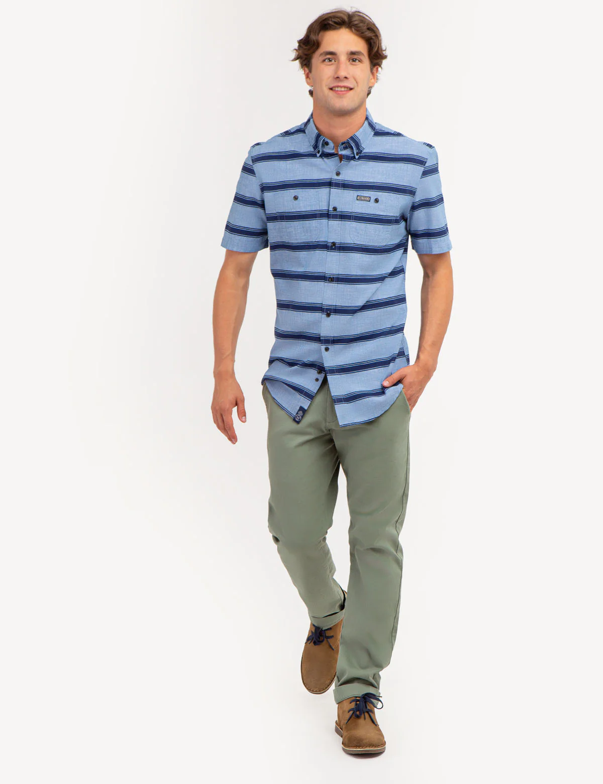 STRIPE PRINT DOUBLE CHEST POCKET SHORT SLEEVE SHIRT