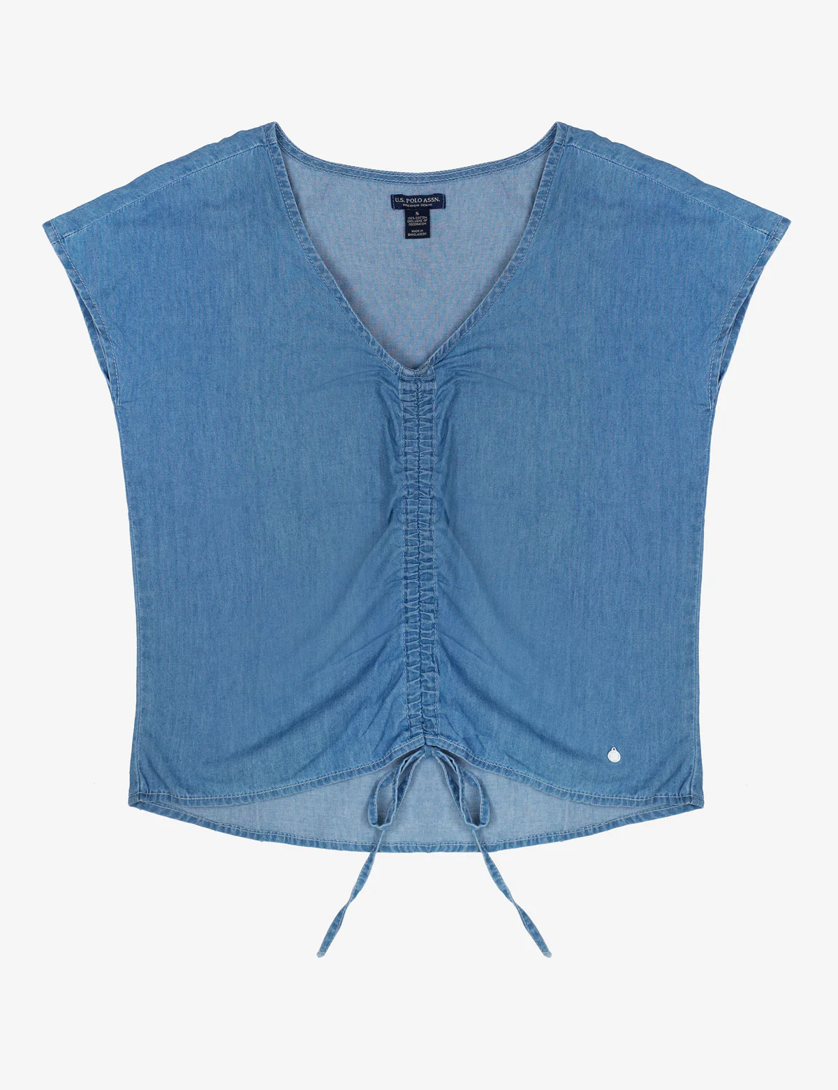 DENIM RUCHED SHORT SLEEVE TOP