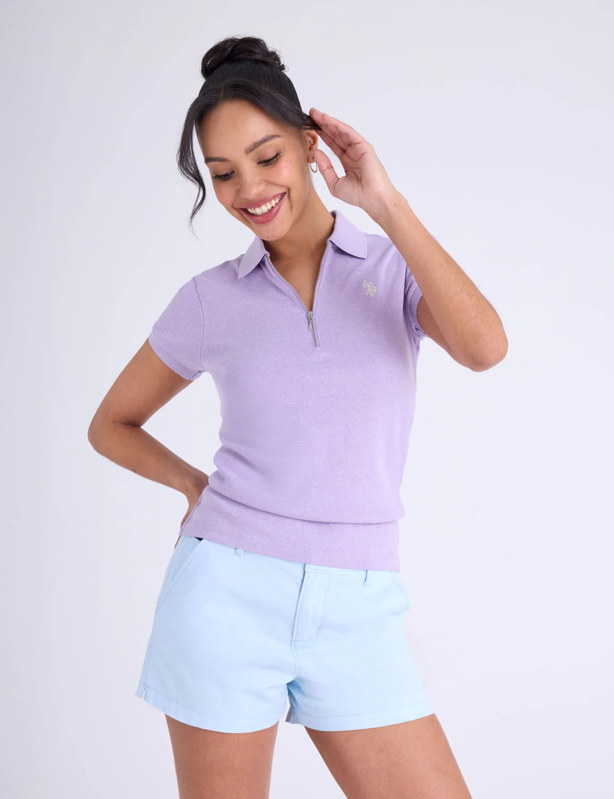 727-half-zip-puff-sleeve-heather-polo-shirt-1.webp HALF ZIP PUFF SLEEVE HEATHER POLO SHIRT