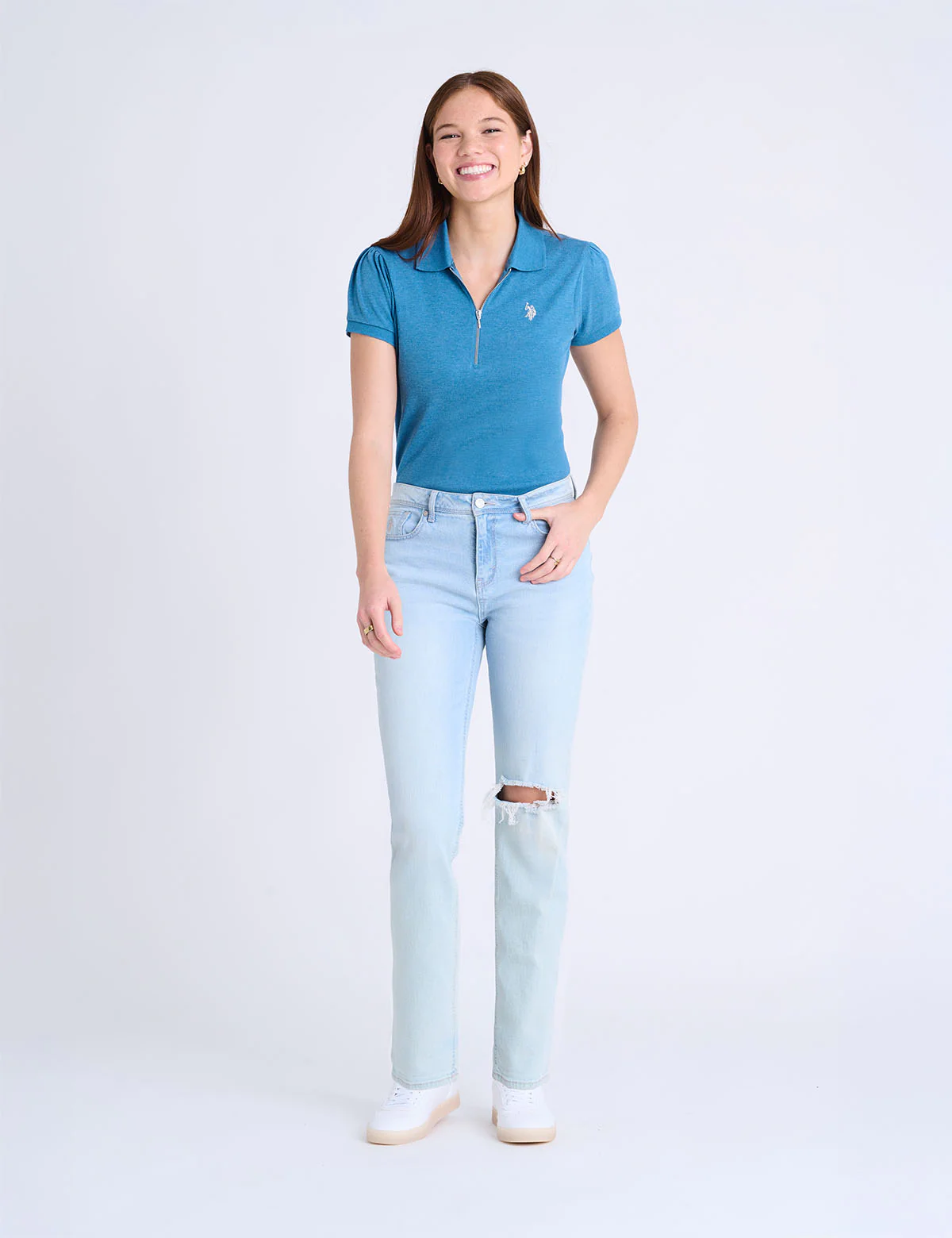 9504-half-zip-puff-sleeve-heather-polo-shirt-2.webp HALF ZIP PUFF SLEEVE HEATHER POLO SHIRT